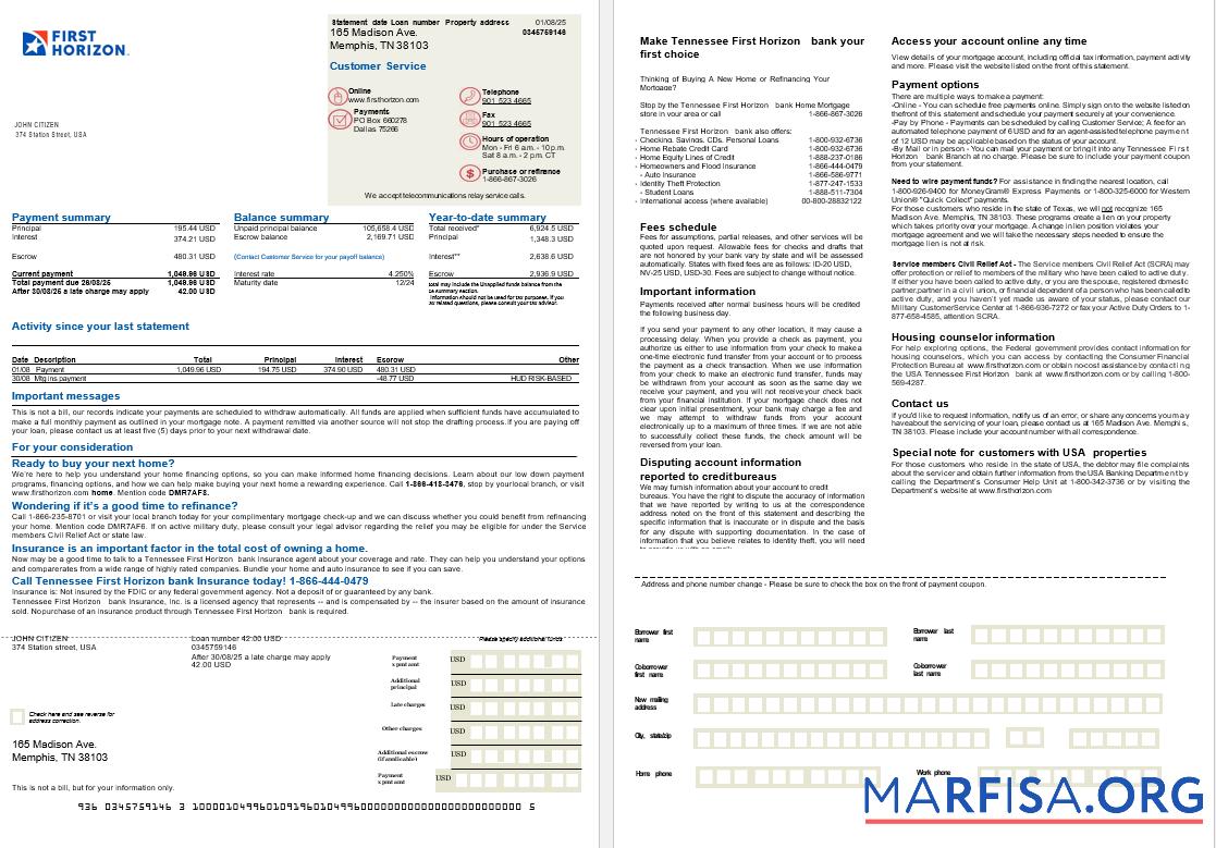 Downloadable USA Tennessee First Horizon Bank mortgage statement in Word and PDF formats, 2 pages sample